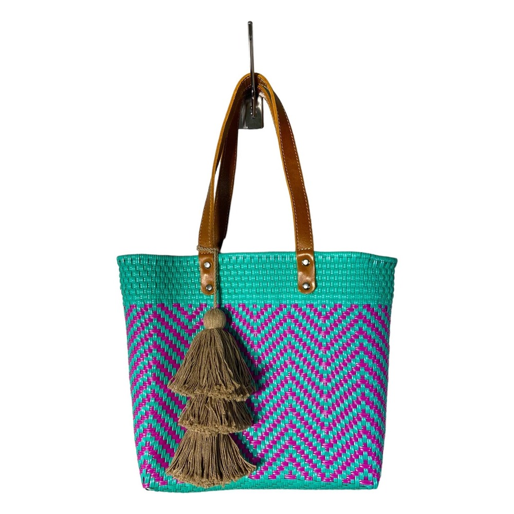 Handwoven Recycled Plastic Tote: Mexican Market Bag with Leather Straps